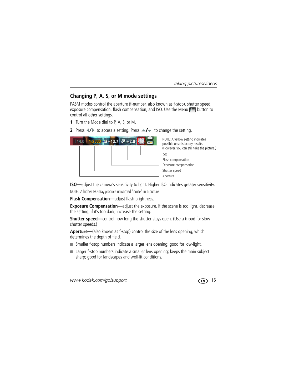 Kodak Z915 manual Changing P, A, S, or M mode settings 