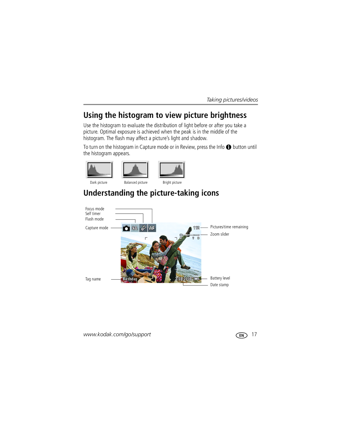 Kodak Z915 manual Using the histogram to view picture brightness, Understanding the picture-taking icons 