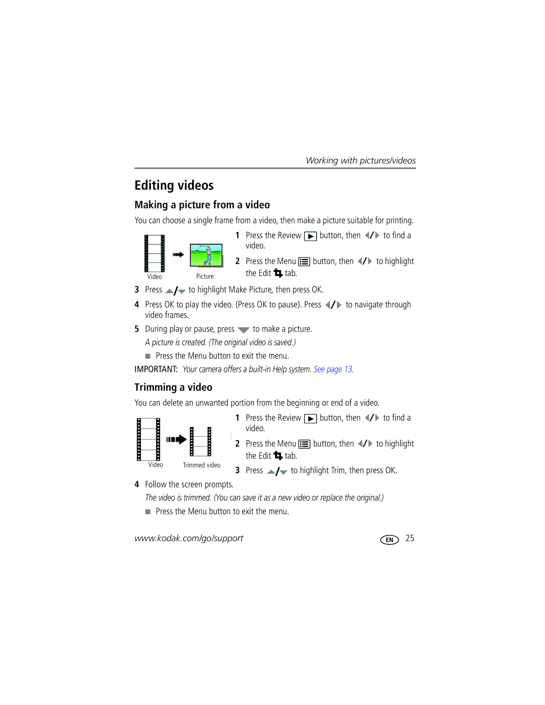 Kodak Z915 manual Editing videos, Making a picture from a video, Trimming a video, To highlight Trim, then press OK 