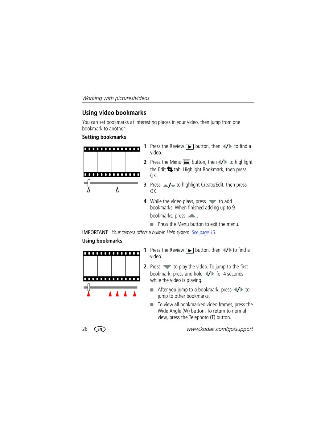 Kodak Z915 manual Using video bookmarks, Setting bookmarks, Using bookmarks 