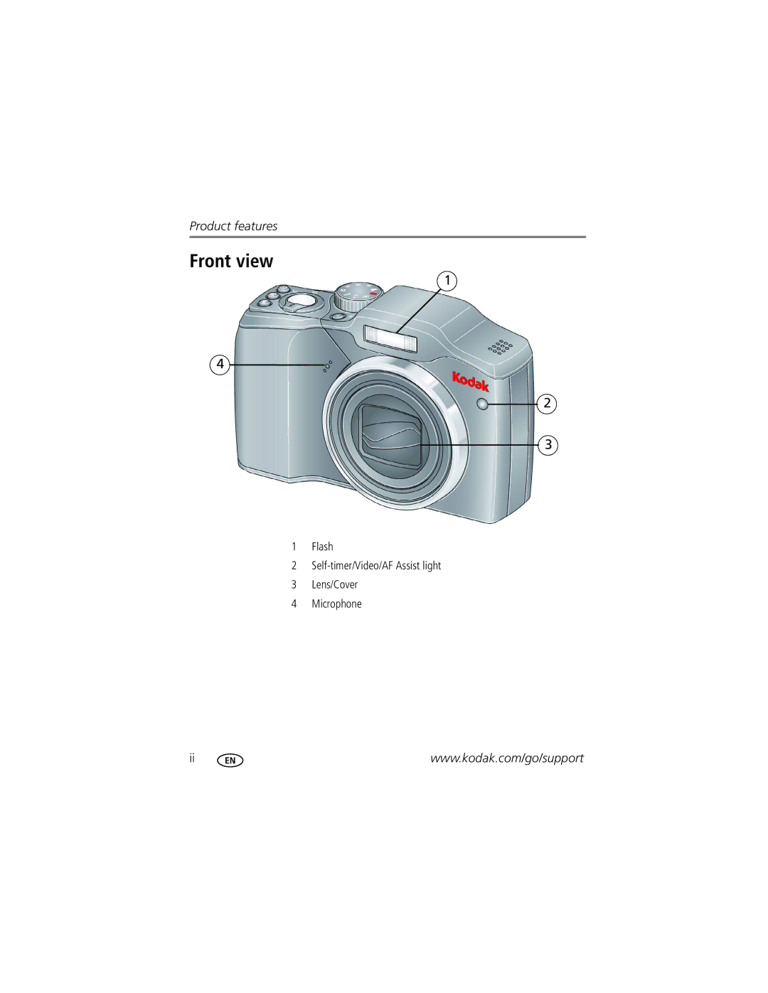 Kodak Z915 manual Front view, Flash Self-timer/Video/AF Assist light Lens/Cover Microphone 