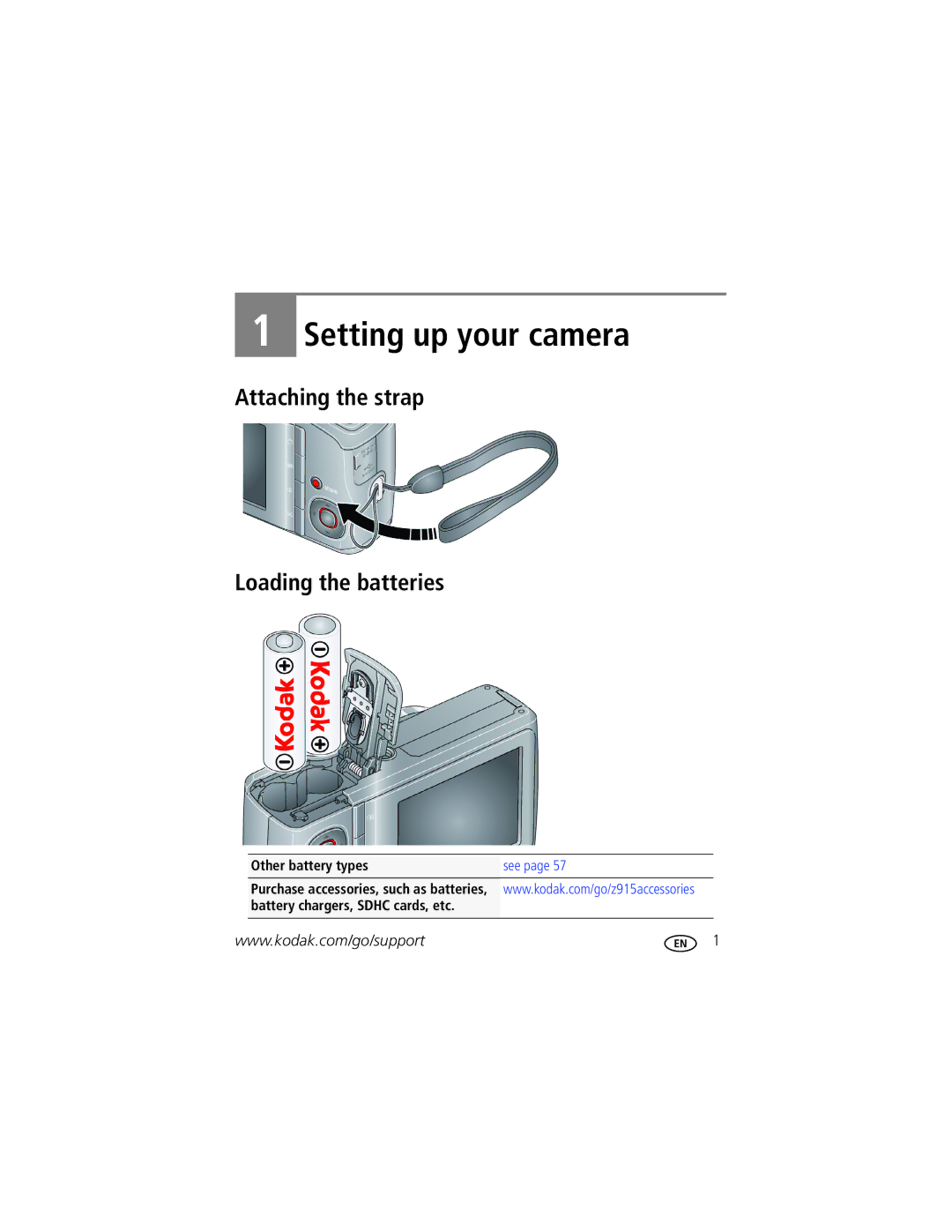 Kodak Z915 manual Setting up your camera, Attaching the strap Loading the batteries, Other battery types 