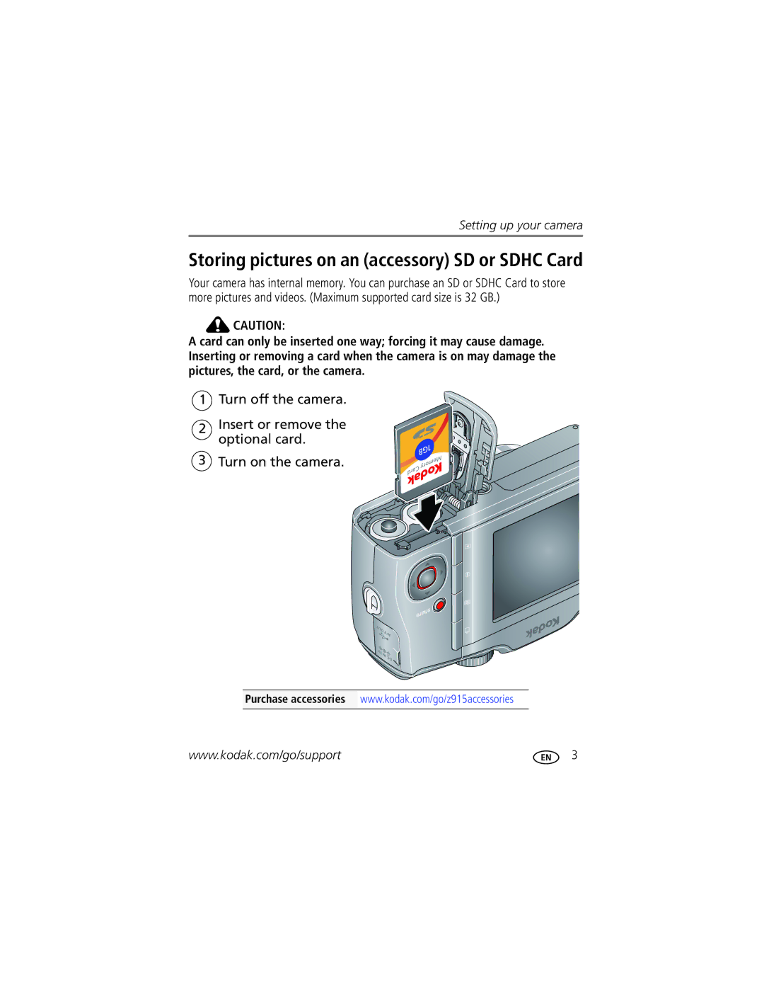 Kodak Z915 manual Storing pictures on an accessory SD or Sdhc Card 