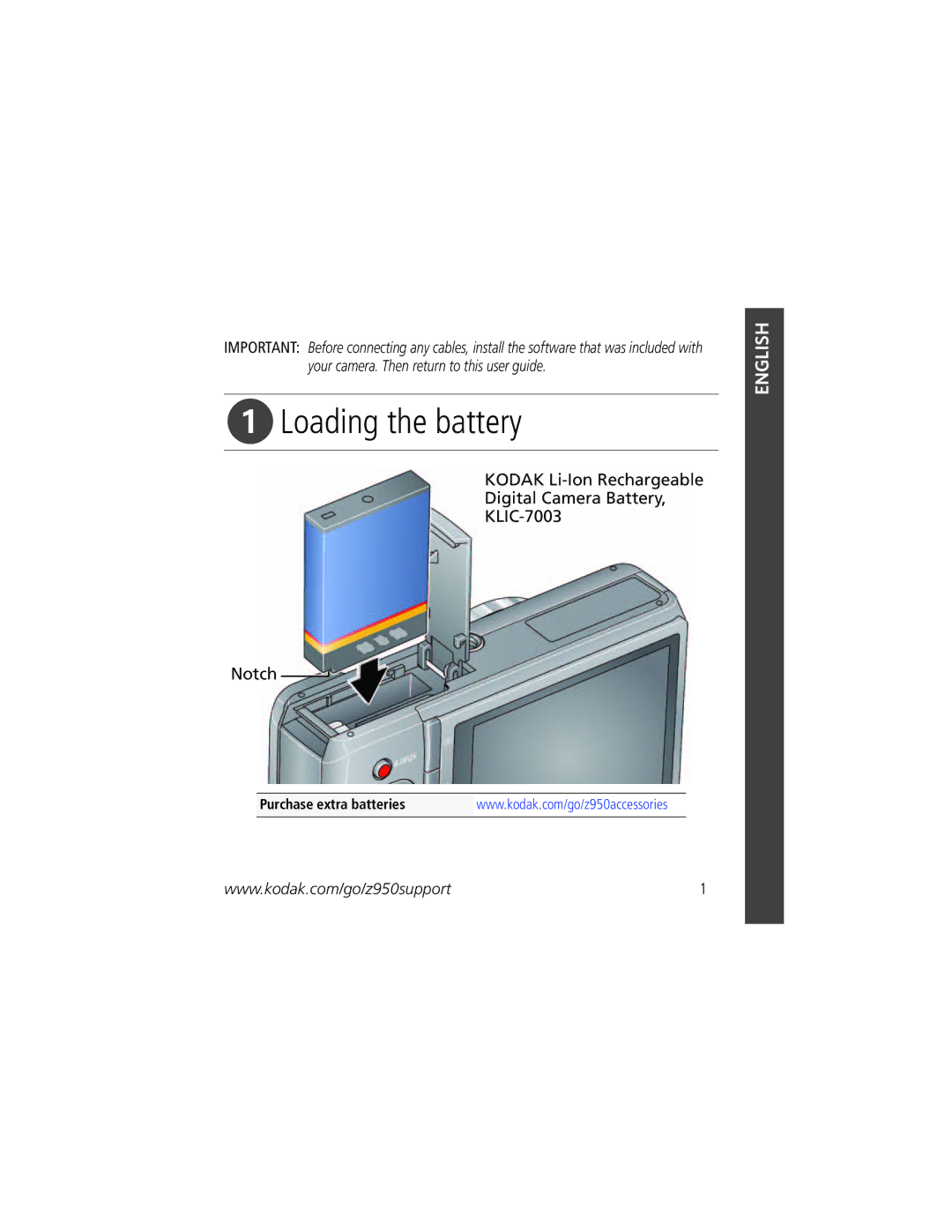 Kodak Z950 manual Loading the battery 