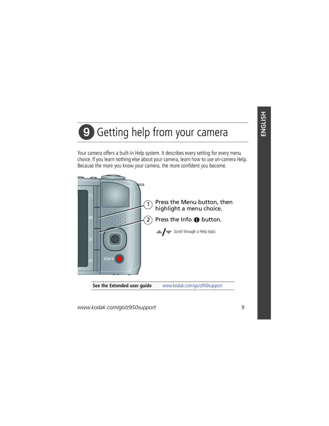 Kodak Z950 manual Getting help from your camera 