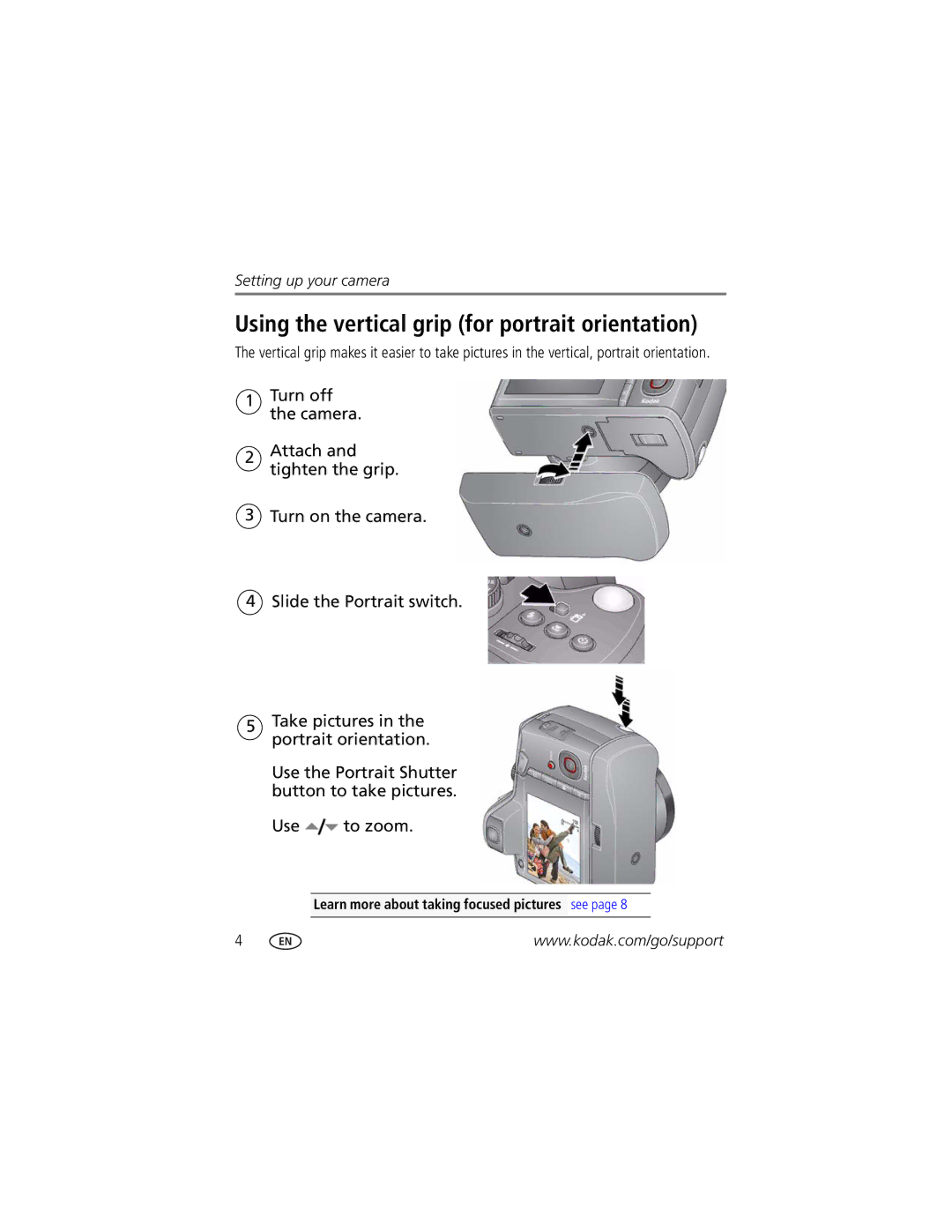 Kodak Z980 manual Using the vertical grip for portrait orientation, Learn more about taking focused pictures see 