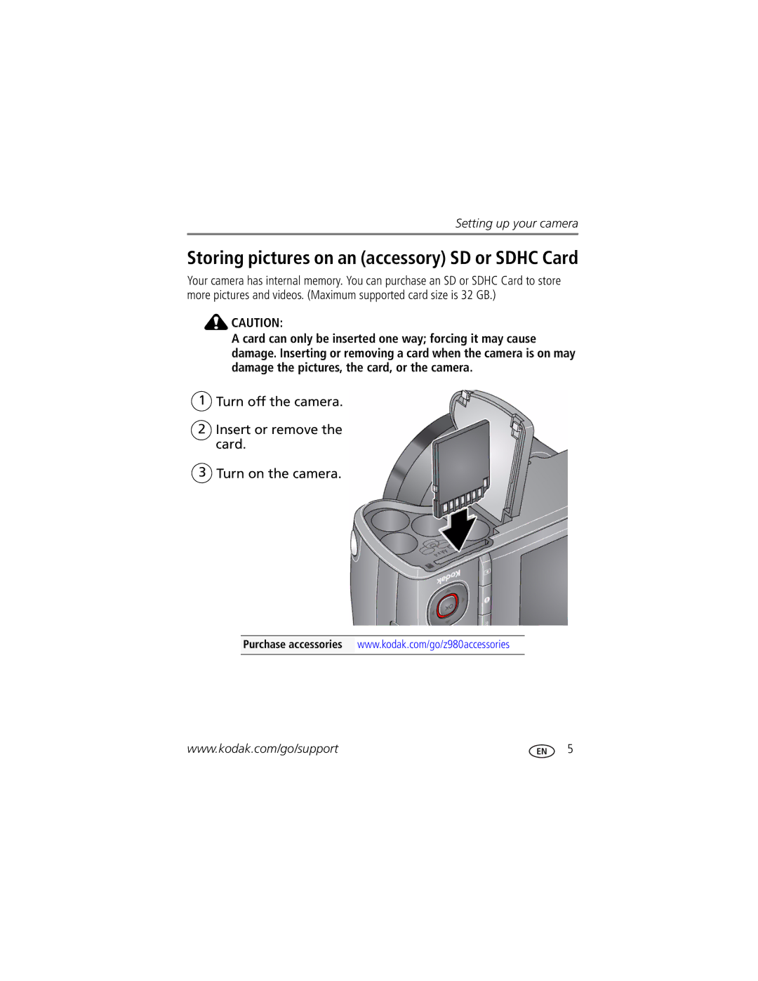 Kodak Z980 manual Storing pictures on an accessory SD or Sdhc Card 