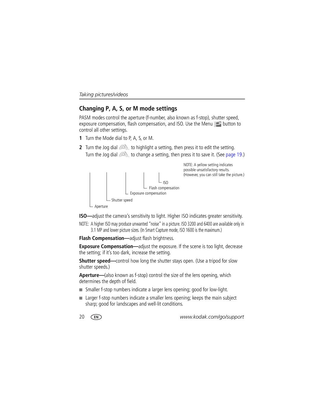 Kodak Z980 manual Changing P, A, S, or M mode settings 