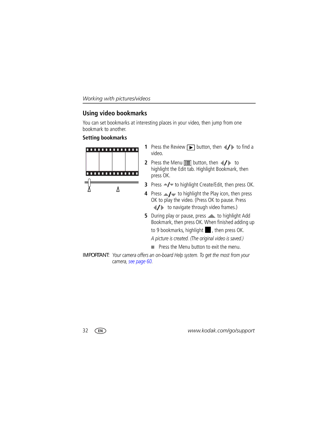 Kodak Z980 manual Using video bookmarks, Setting bookmarks, Press the Review button, then to find a video, Press OK 