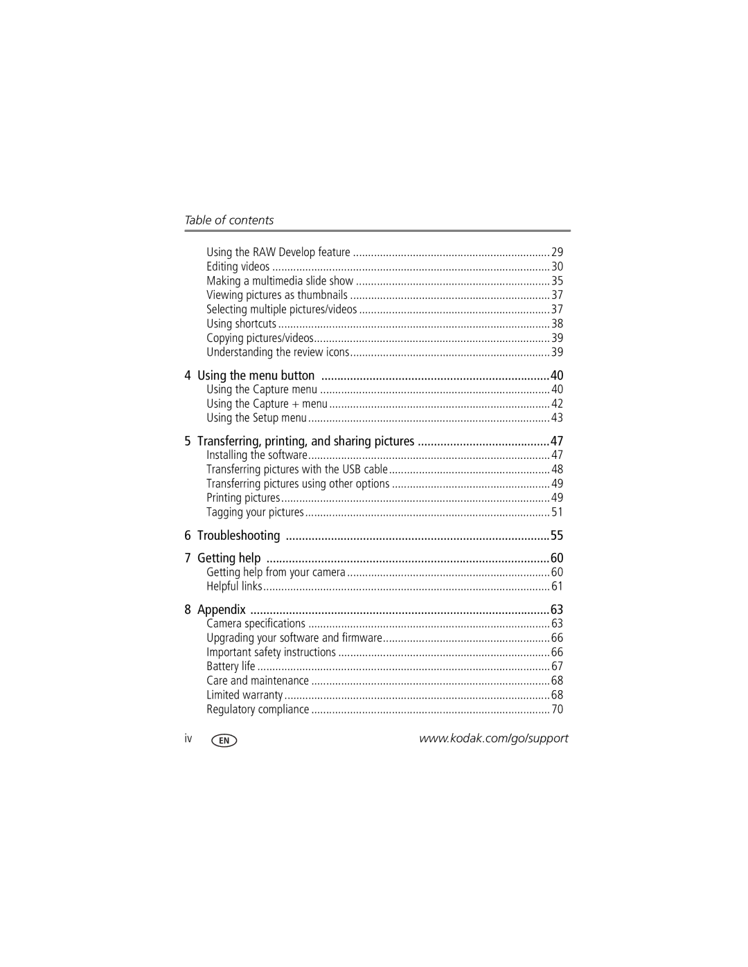 Kodak Z980 manual Table of contents 