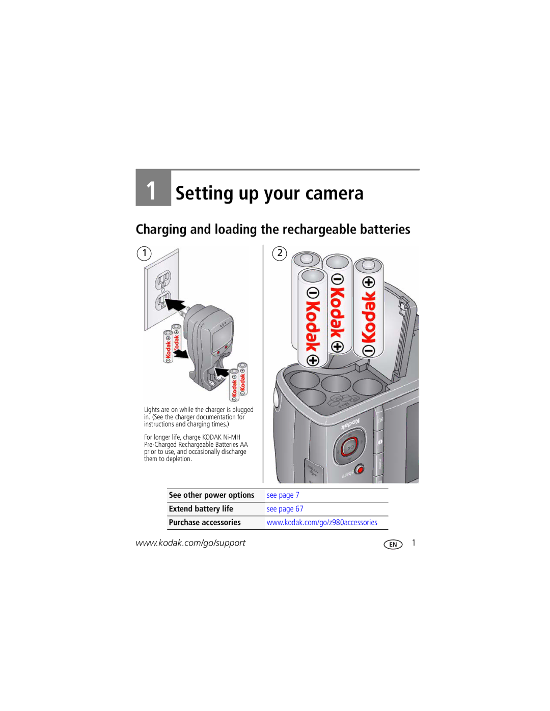 Kodak Z980 manual Charging and loading the rechargeable batteries, See other power options, Extend battery life 