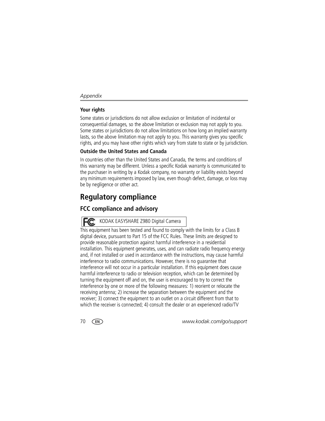 Kodak Z980 manual Regulatory compliance, FCC compliance and advisory, Your rights, Outside the United States and Canada 