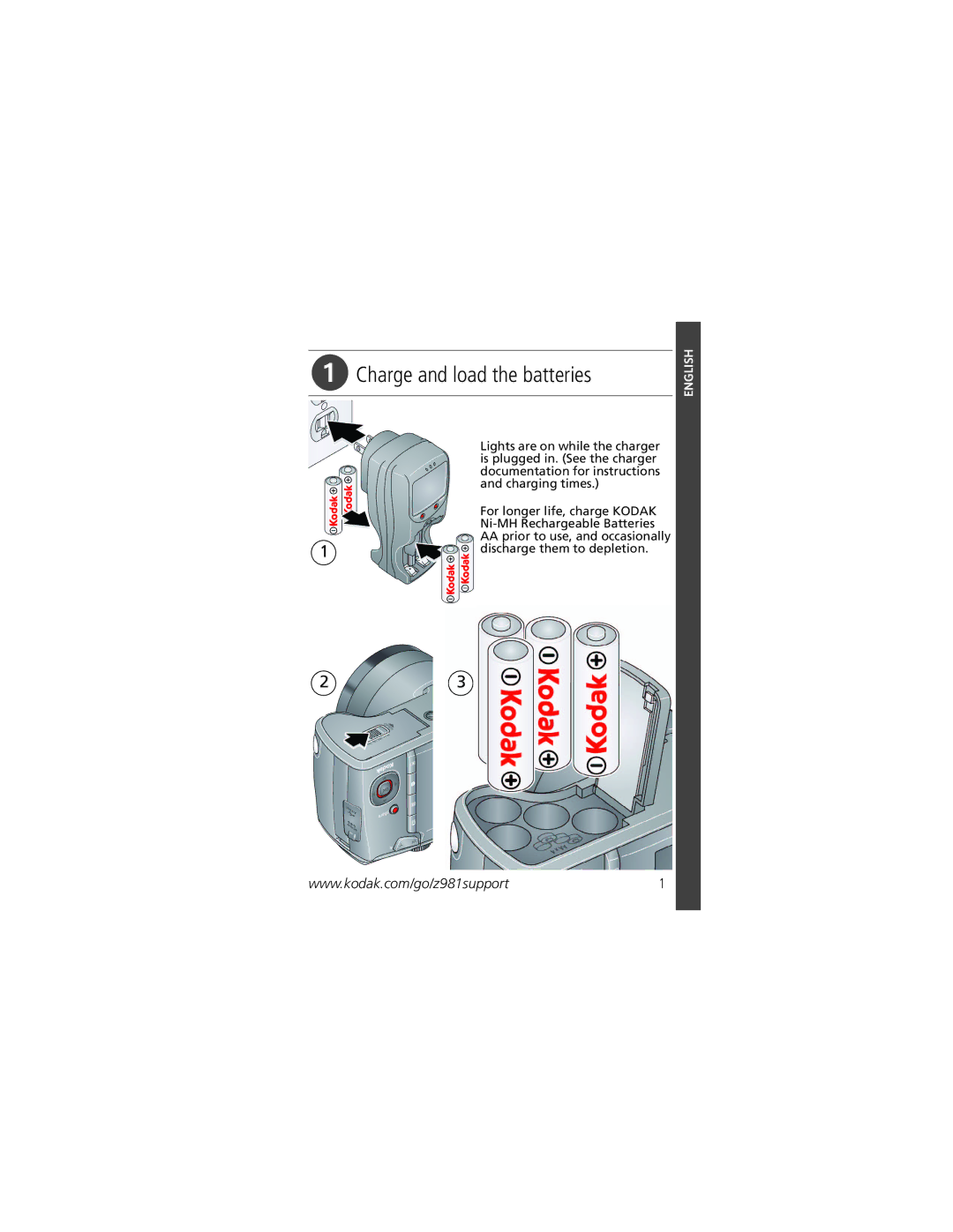 Kodak Z981 manual Charge and load the batteries 