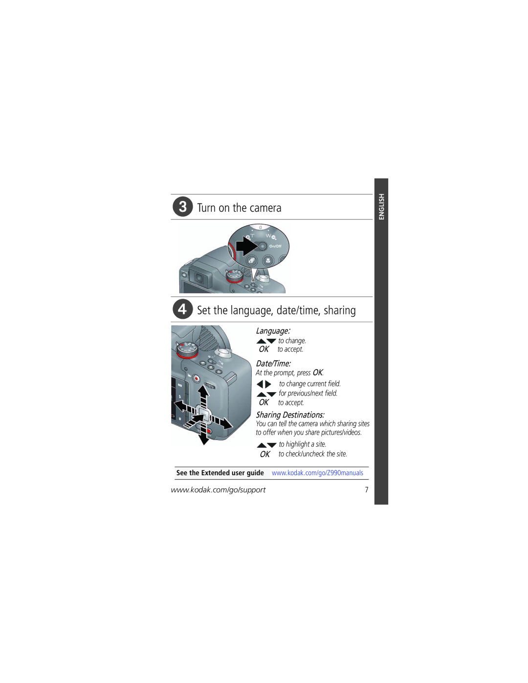 Kodak Z990 manual Turn on the camera, Set the language, date/time, sharing 