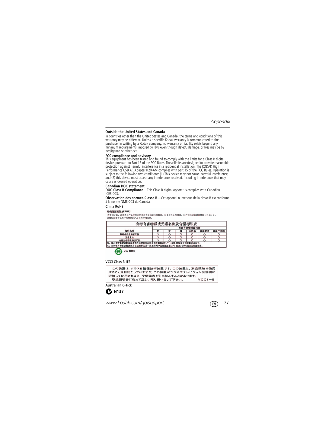 Kodak Z990 manual Appendix, N137, Outside the United States and Canada, FCC compliance and advisory, Canadian DOC statement 