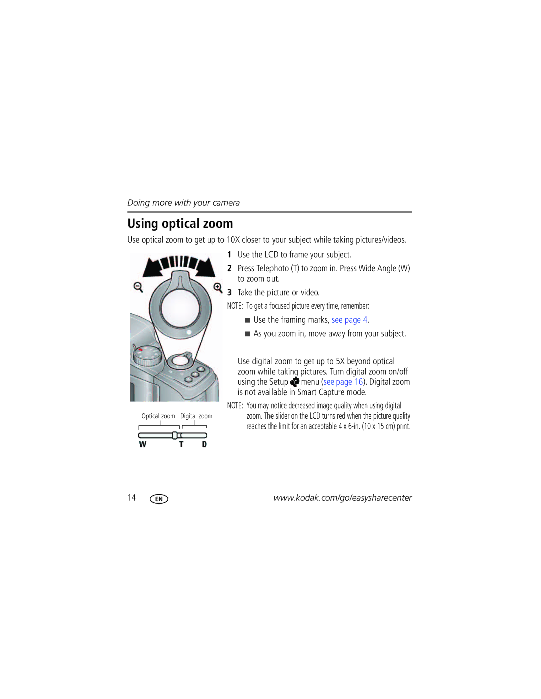 Kodak ZD15 manual Using optical zoom, Is not available in Smart Capture mode 