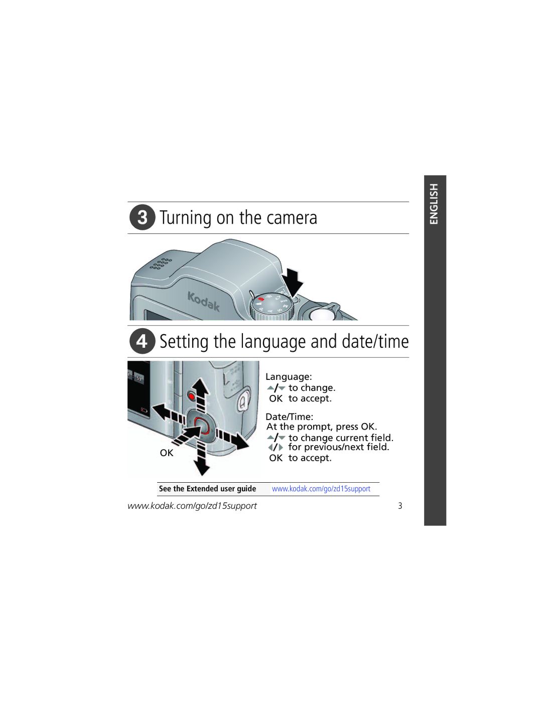 Kodak ZD15 manual Turning on the camera, Setting the language and date/time 