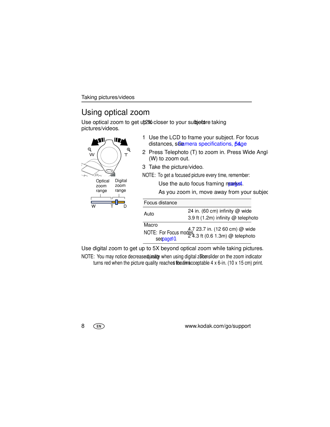 Kodak ZD8612, Z81612 manual Using optical zoom, As you zoom in, move away from your subject, Focus distance, Auto, Macro 