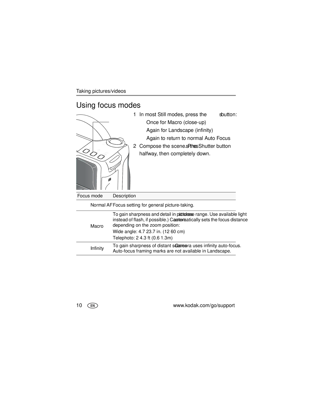 Kodak ZD8612, Z81612 manual Using focus modes, Focus mode, Macro, Infinity 