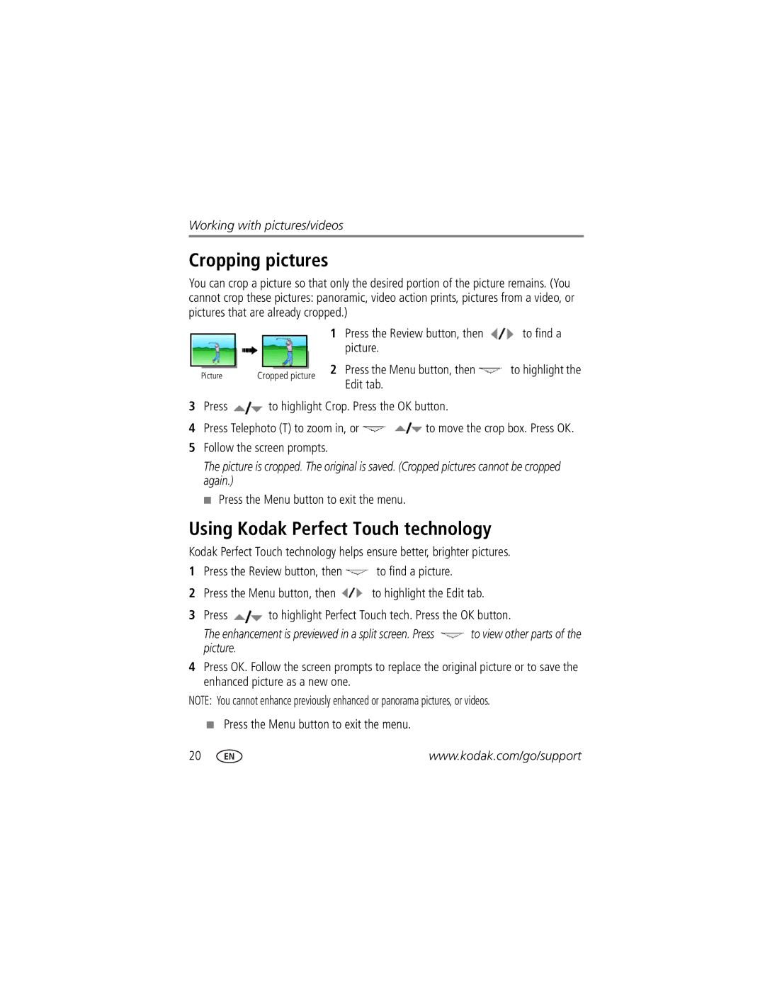 Kodak ZD8612, Z81612 manual Cropping pictures, Using Kodak Perfect Touch technology 