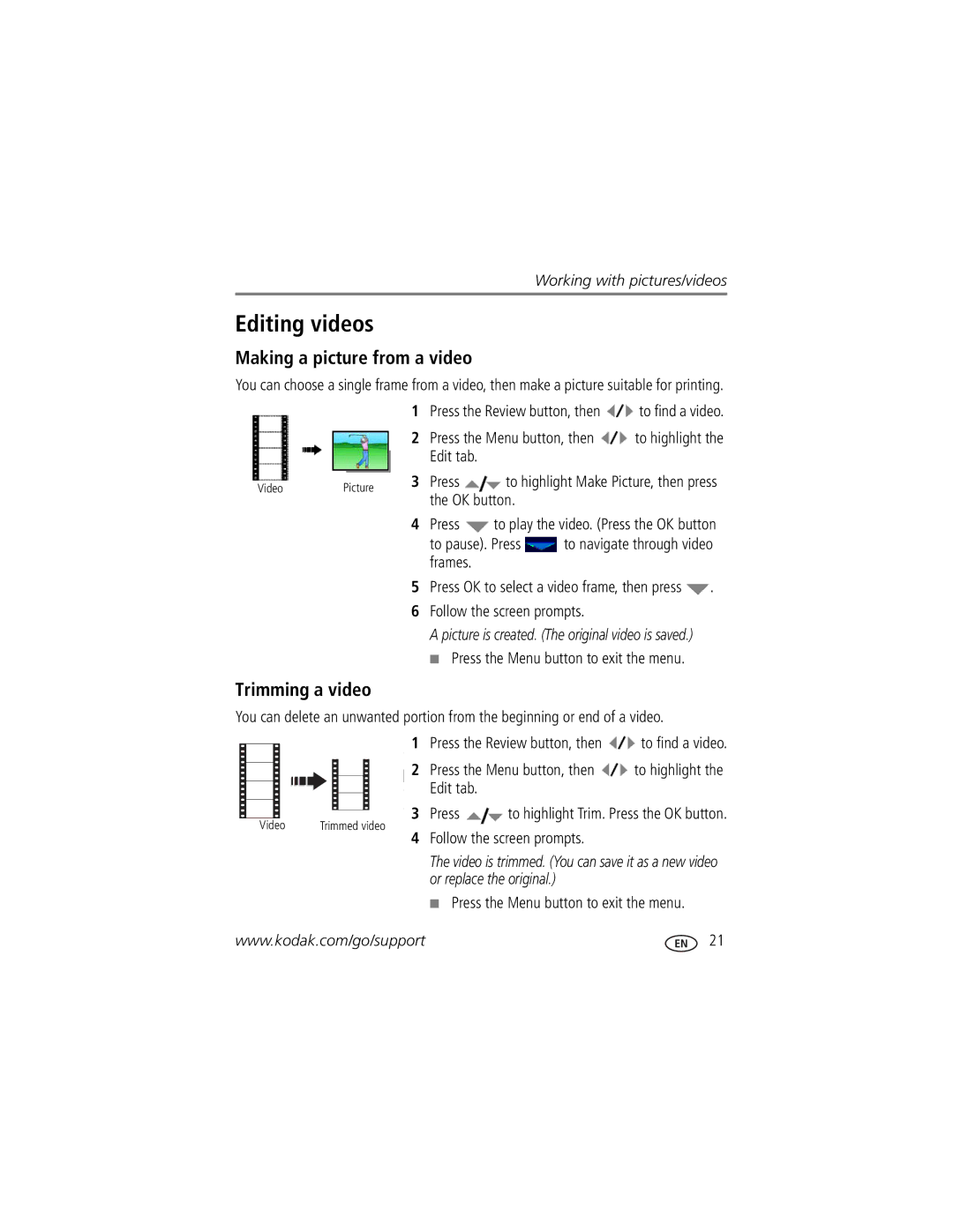 Kodak Z81612, ZD8612 manual Editing videos, Making a picture from a video, Trimming a video 