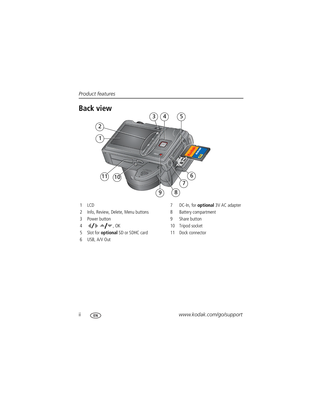 Kodak ZD8612, Z81612 manual Back view, Info, Review, Delete, Menu buttons Battery compartment, Share button, Tripod socket 