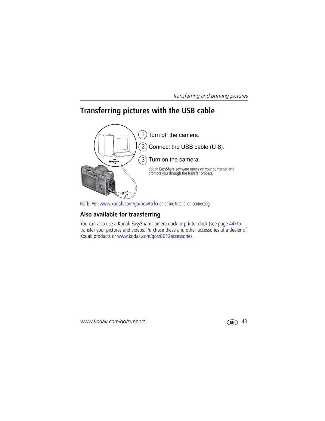 Kodak Z81612, ZD8612 manual Transferring pictures with the USB cable, Also available for transferring 