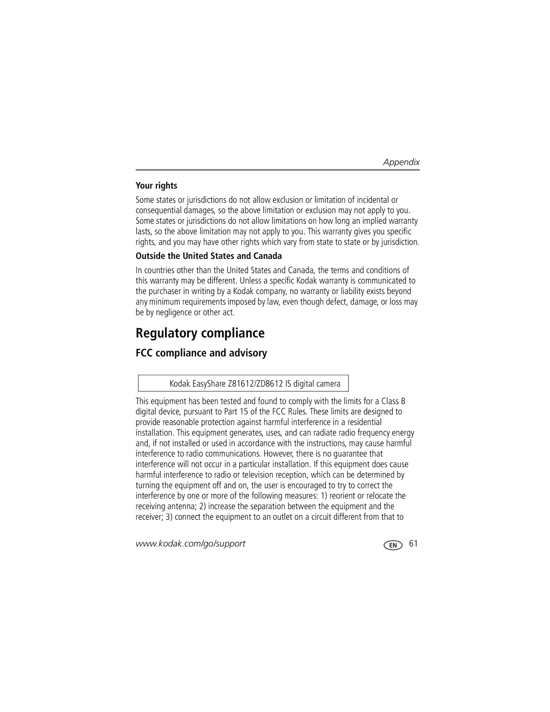 Kodak Z81612, ZD8612 Regulatory compliance, FCC compliance and advisory, Your rights, Outside the United States and Canada 