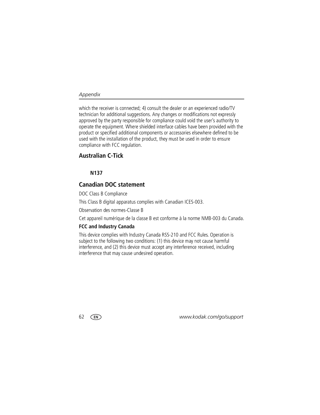 Kodak ZD8612, Z81612 manual Australian C-Tick, Canadian DOC statement, N137, FCC and Industry Canada 