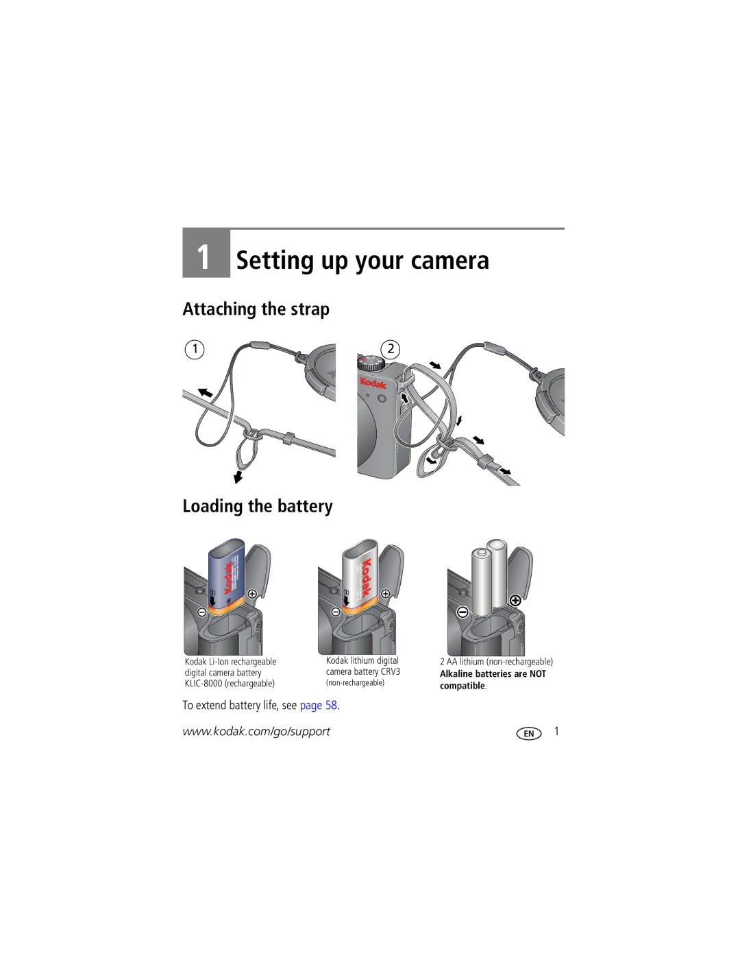 Kodak Z81612, ZD8612 manual Attaching the strap Loading the battery, To extend battery life, see 