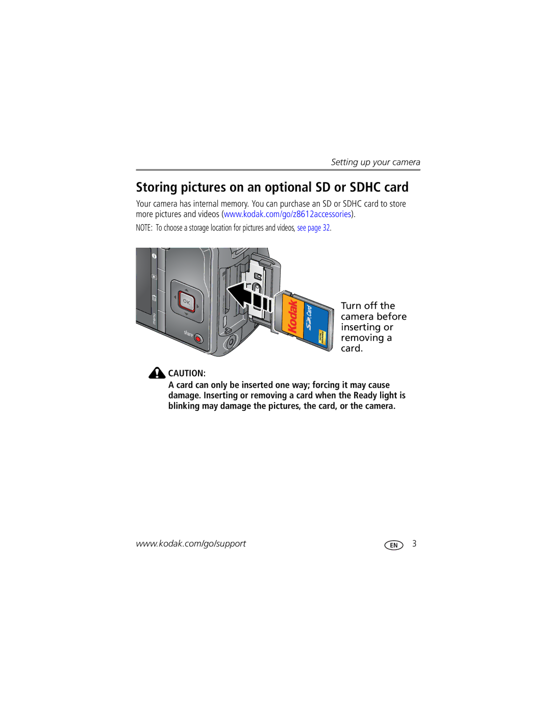 Kodak Z81612 Storing pictures on an optional SD or Sdhc card, Turn off the camera before inserting or removing a card 