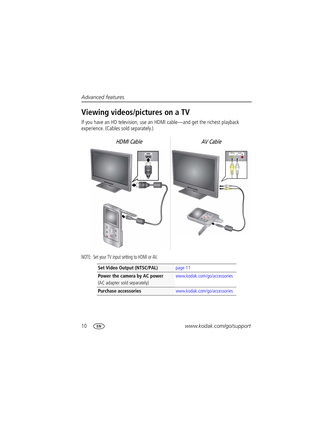 Kodak Ze2 manual Viewing videos/pictures on a TV, Hdmi Cable AV Cable 