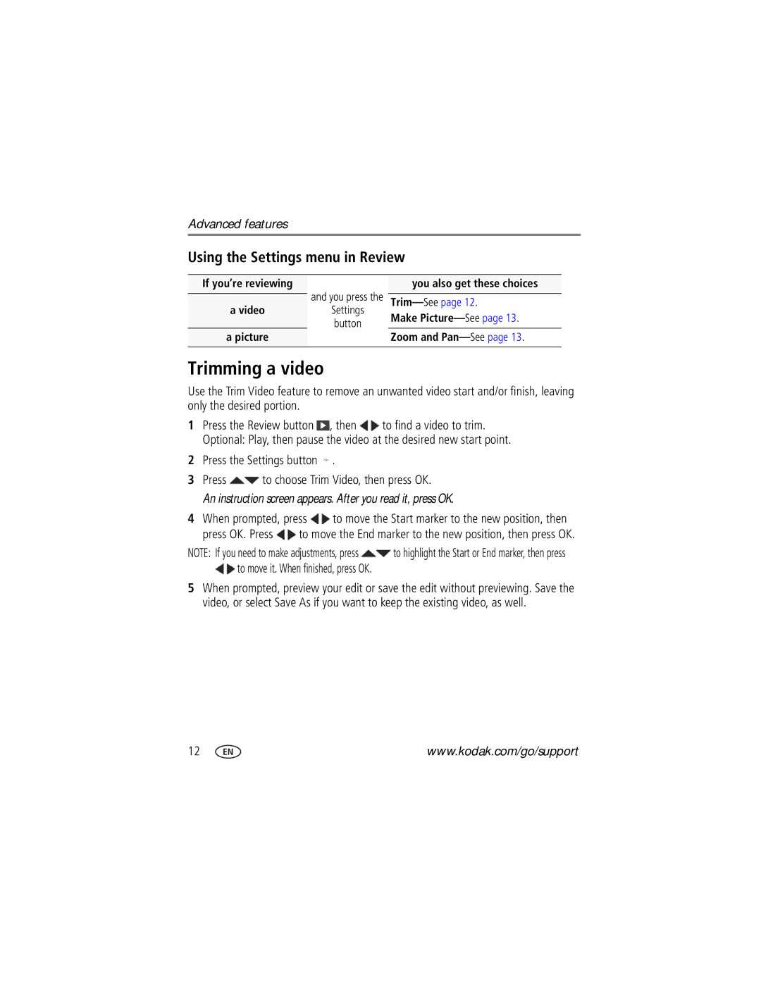 Kodak Ze2 manual Trimming a video, Using the Settings menu in Review 