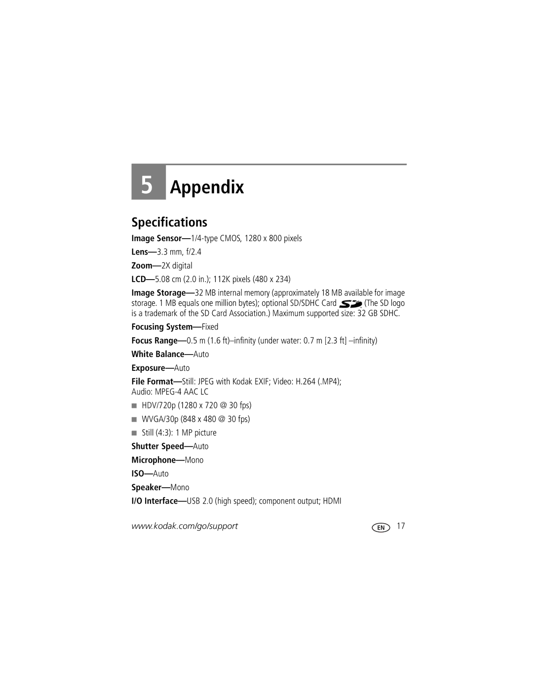 Kodak Ze2 manual Appendix, Specifications 