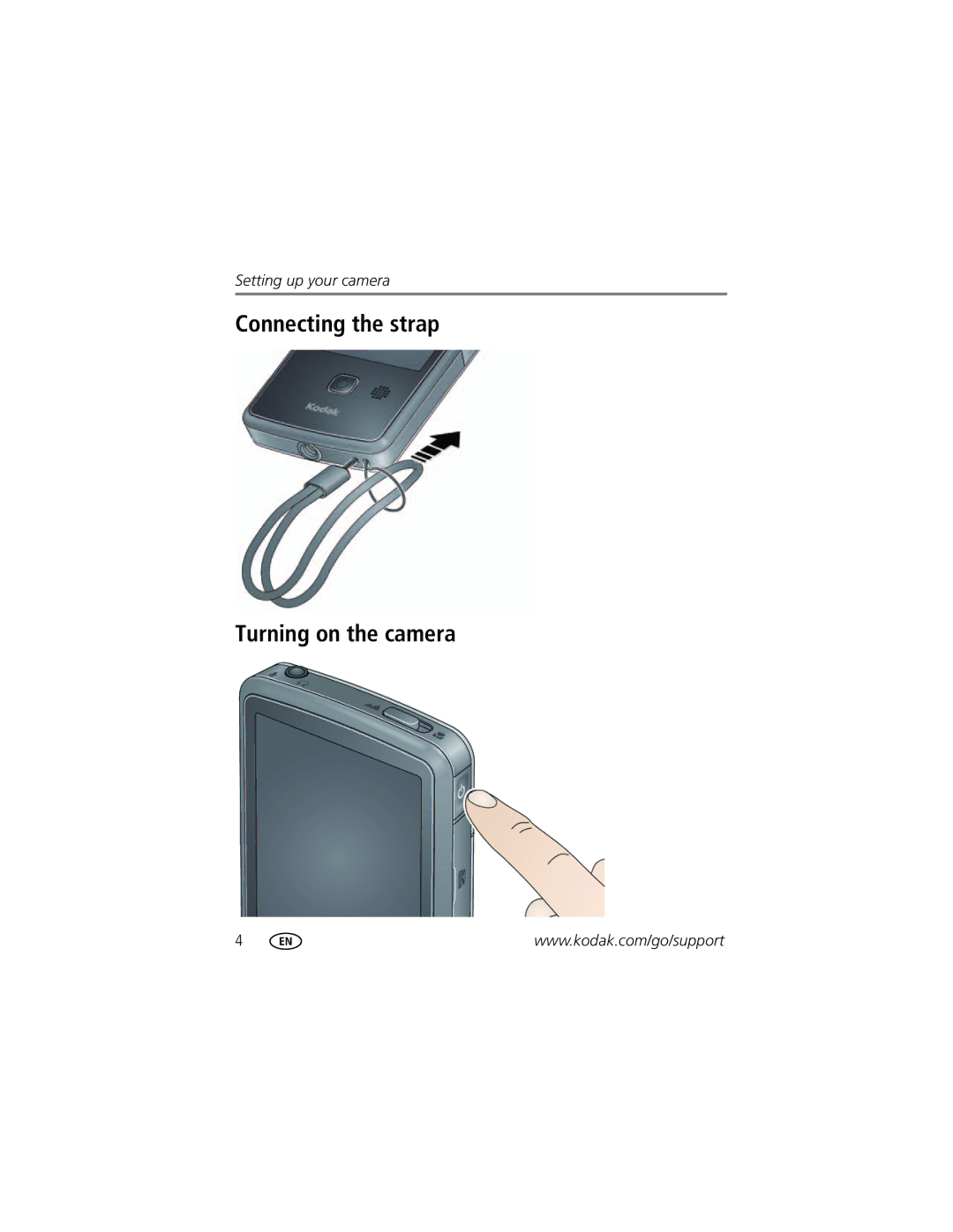 Kodak ZI10 manual Connecting the strap Turning on the camera 
