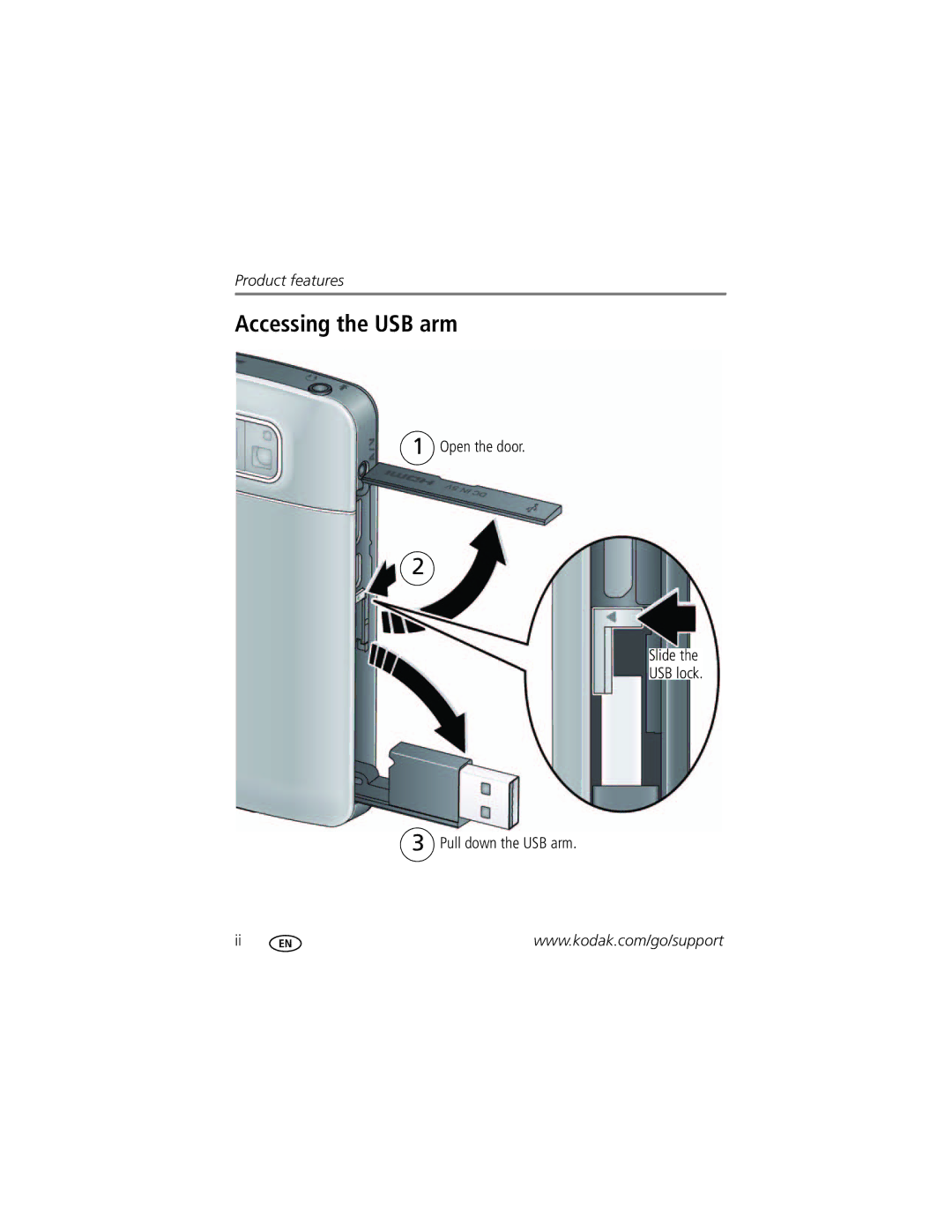 Kodak ZI10 manual Accessing the USB arm, Open the door Slide USB lock Pull down the USB arm 