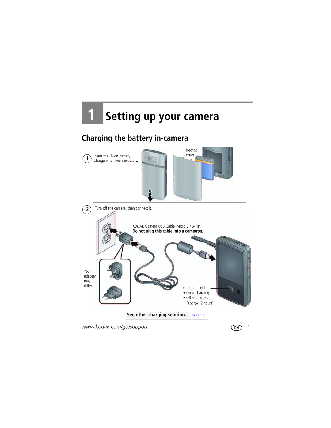 Kodak ZI10 manual Setting up your camera, Charging the battery in-camera 