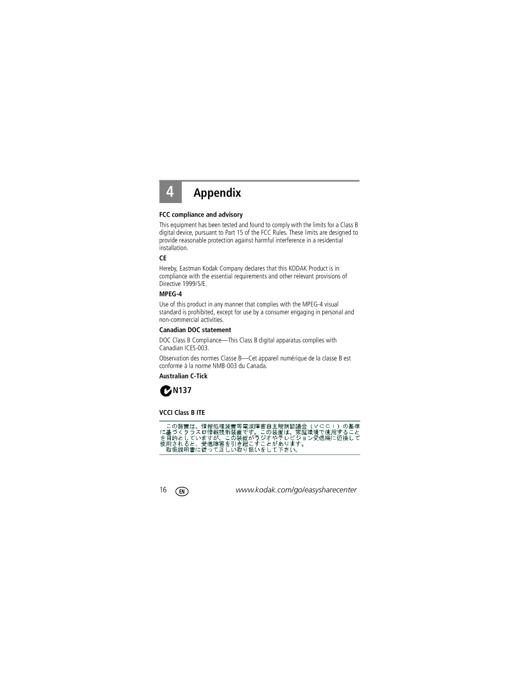 Kodak Zi8 manual Appendix, FCC compliance and advisory 