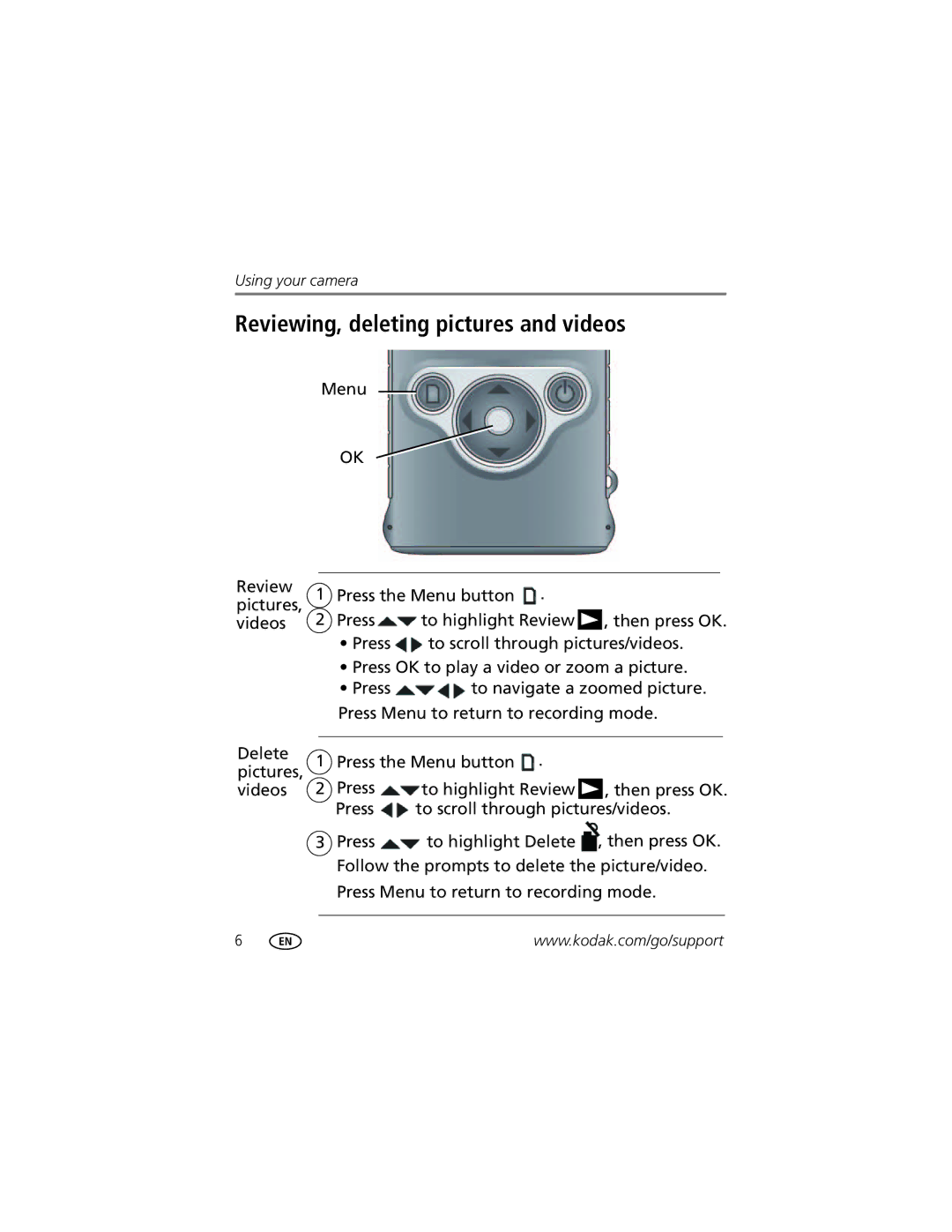 Kodak ZM1 manual Reviewing, deleting pictures and videos 