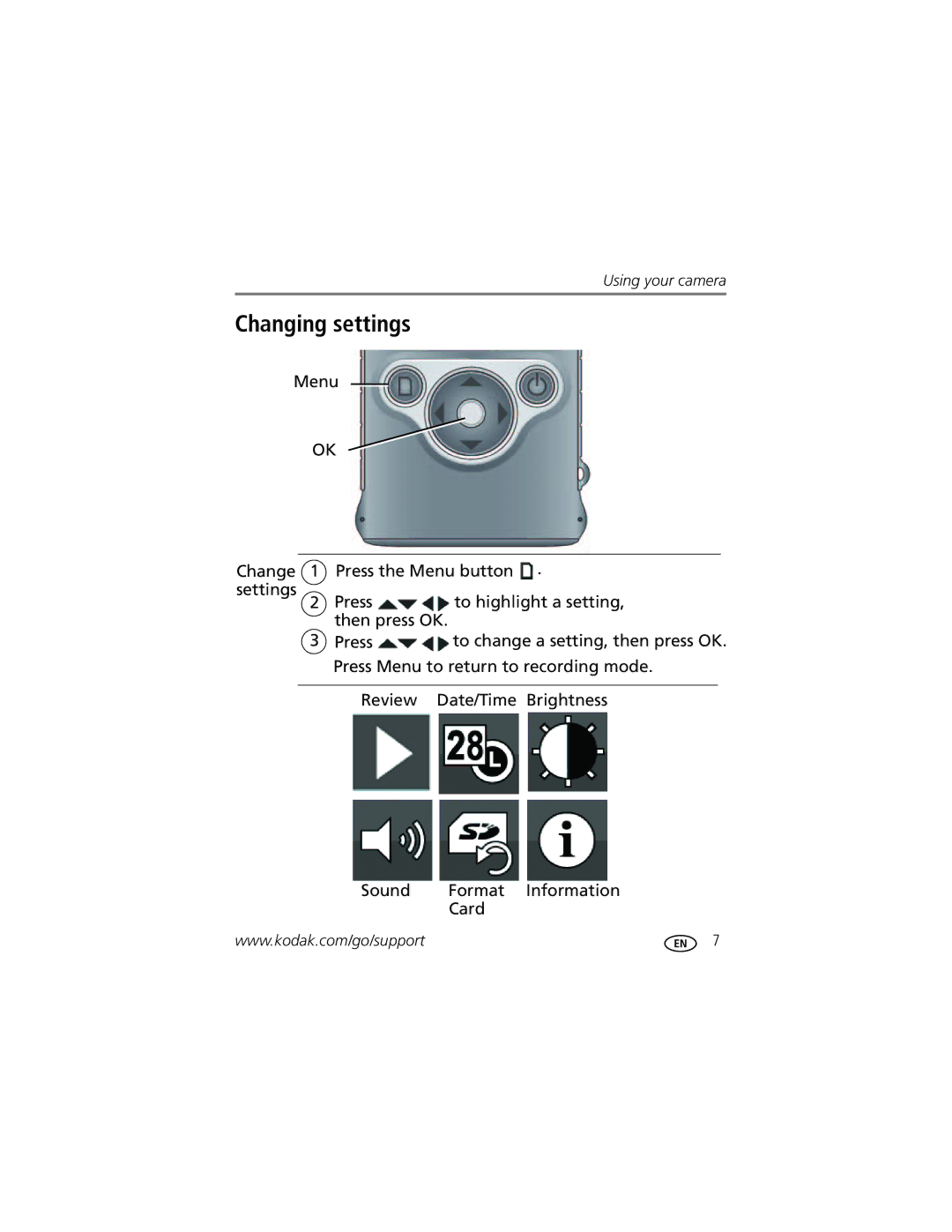 Kodak ZM1 manual Changing settings 