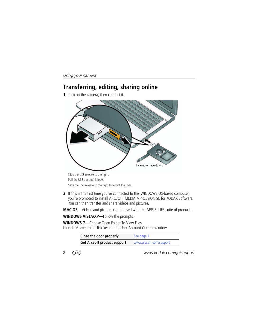 Kodak ZM1 manual Transferring, editing, sharing online, Turn on the camera, then connect it 