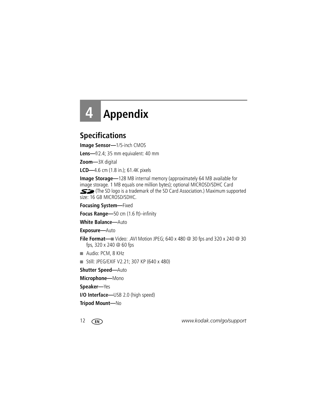 Kodak ZM1 manual Appendix, Specifications 