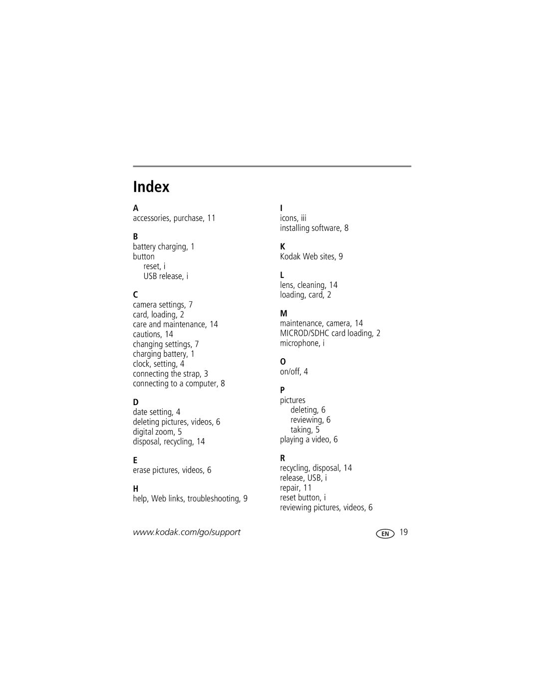 Kodak ZM1 manual Index 