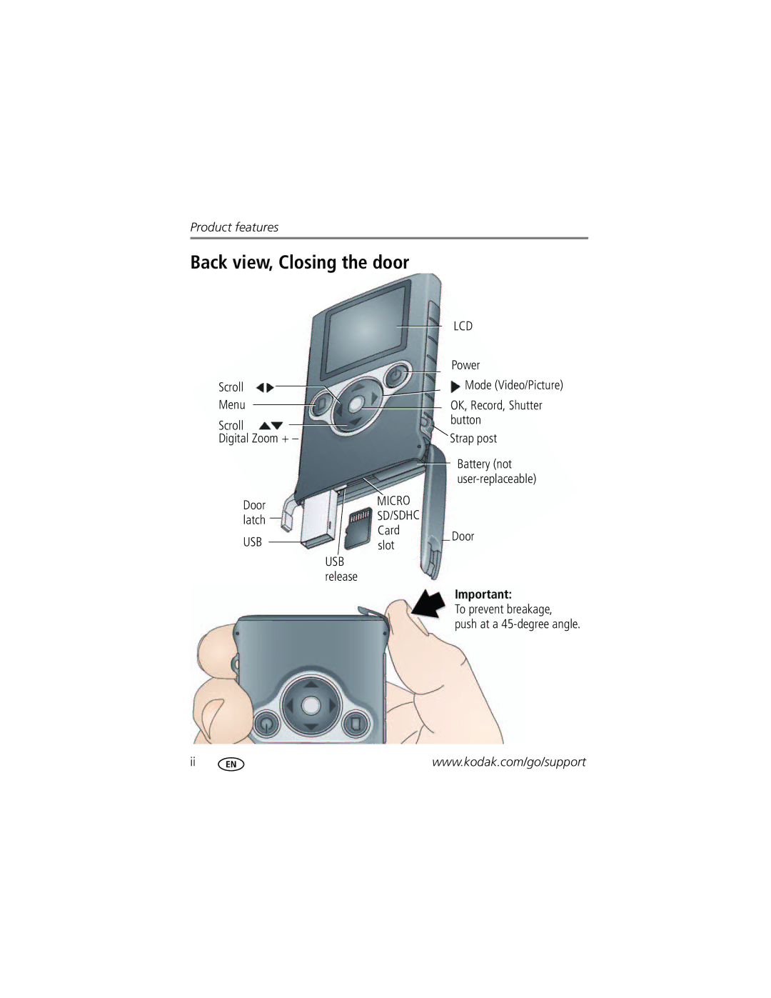 Kodak ZM1 manual Back view, Closing the door 