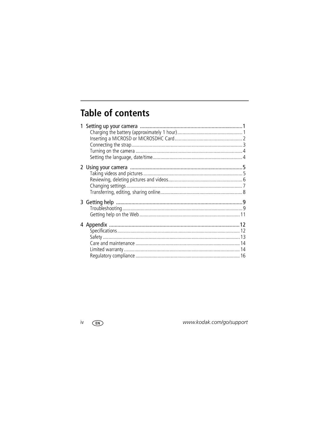 Kodak ZM1 manual Table of contents 