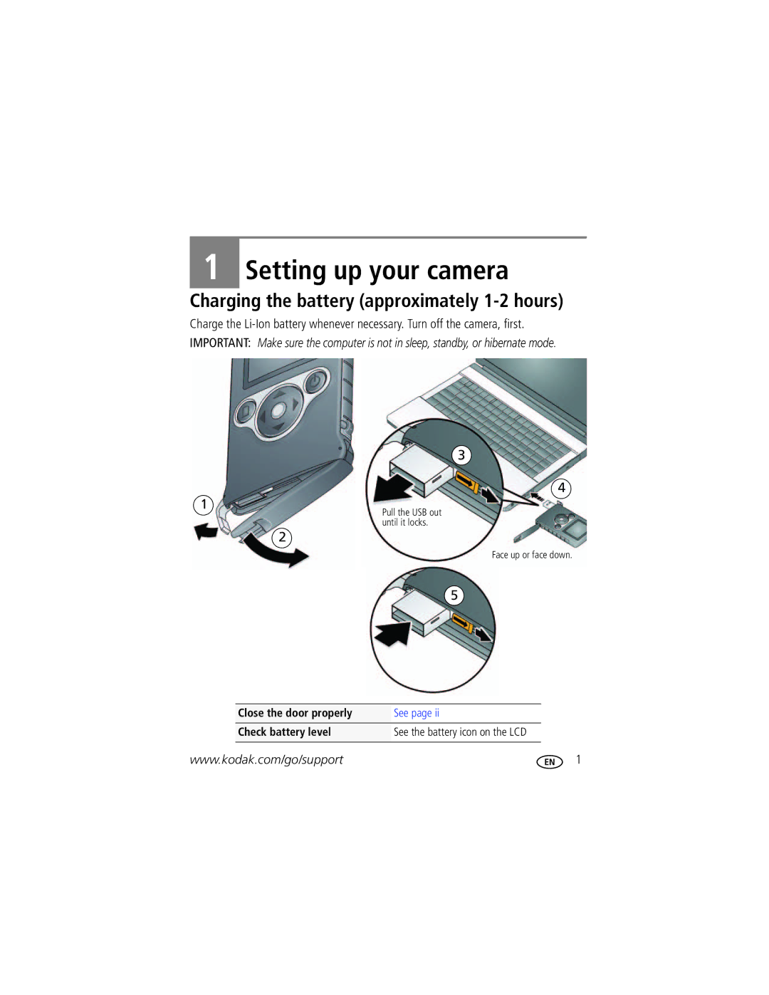 Kodak ZM1 manual Setting up your camera, Charging the battery approximately 1-2 hours 