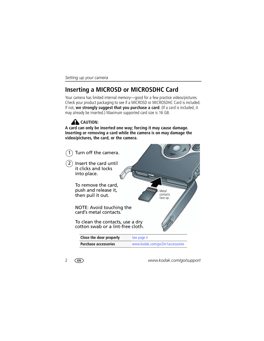 Kodak ZM1 manual Inserting a Microsd or Microsdhc Card 