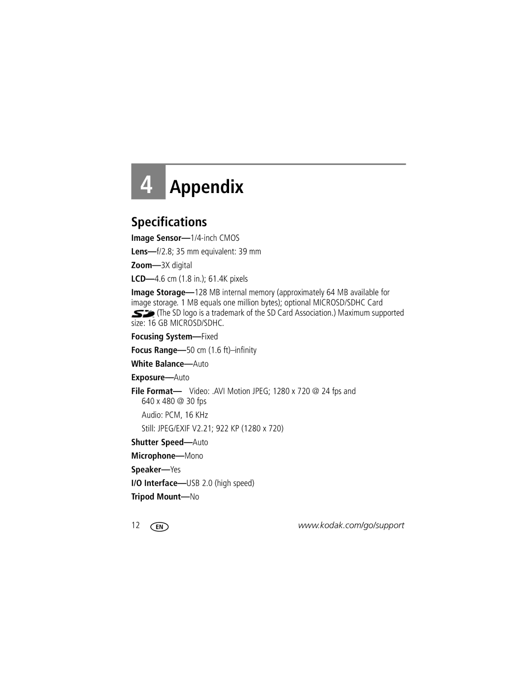 Kodak ZM2 manual Appendix, Specifications 