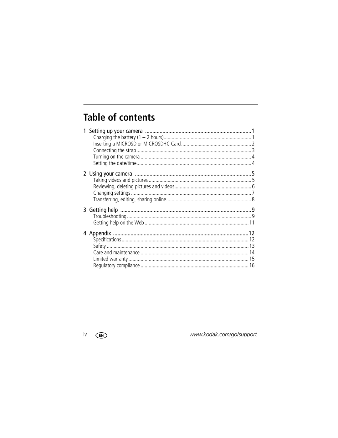 Kodak ZM2 manual Table of contents 