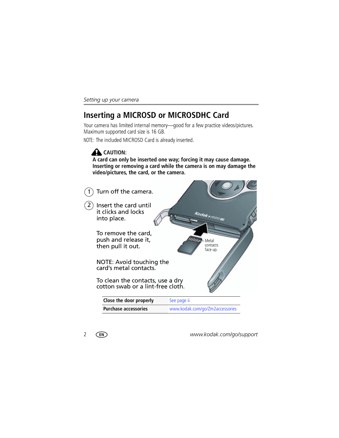 Kodak ZM2 manual Inserting a Microsd or Microsdhc Card 